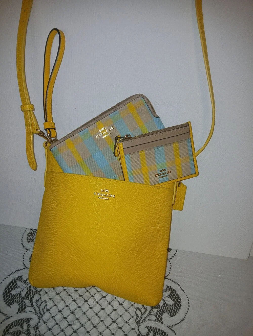 COACH Yellow Crossbody Bag with Plaid Wallet and Card Case